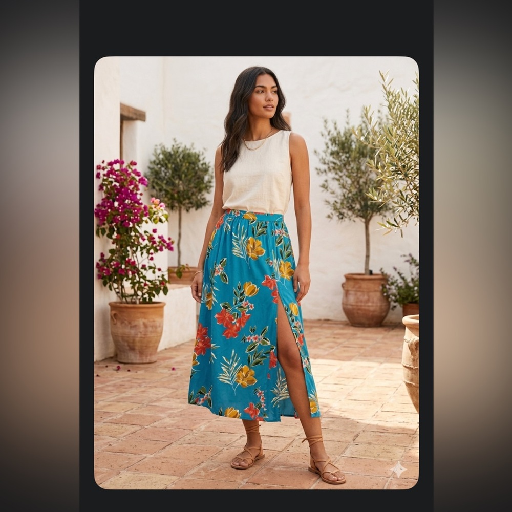 Patrons‎ of Peace Tropical Floral Slit Maxi Skirt Teal Blue Small